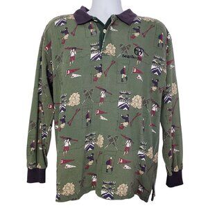 Sergio Tacchini All Over Print Polo Outdoor Sports Long Sleeve Shirt Mens Medium